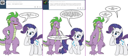 Size: 1808x800 | Tagged: safe, artist:dekomaru, rarity, spike, dragon, pony, unicorn, ask, comic, female, male, shipping, sparity, straight, tumblr, tumblr:ask twixie