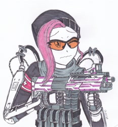 Size: 2160x2315 | Tagged: safe, artist:dragonemperror2810, fluttershy, equestria girls, advanced warfare, call of duty, crossover, exosuit, gun, ksg, shotgun, solo, visor, weapon