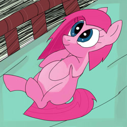 Size: 700x700 | Tagged: safe, artist:fagguette, pinkie pie, earth pony, pony, bed, on back, pinkamena diane pie, smiling, solo