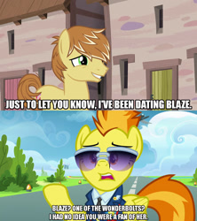 Size: 1280x1440 | Tagged: safe, derpibooru import, edit, edited screencap, screencap, feather bangs, spitfire, earth pony, pegasus, pony, hard to say anything, top bolt, caption, dialogue, female, image macro, male, meme, raised hoof, text