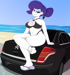 Size: 1600x1720 | Tagged: safe, artist:phyll, rarity, equestria girls, alternate hairstyle, barefoot, beach, beach babe, bikini, breasts, car, citroën, citroën c4, clothes, feet, flip flops, hips, raritits, sandals, swimsuit, thick, thighs, toes