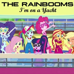 Size: 2000x2000 | Tagged: safe, edit, edited screencap, editor:grapefruitface, screencap, applejack, fluttershy, pinkie pie, rainbow dash, rarity, sci-twi, sunset shimmer, twilight sparkle, better together, equestria girls, i'm on a yacht, clothes, humane five, humane seven, humane six, looking at you, single cover, the rainbooms