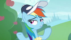 Size: 1920x1080 | Tagged: safe, derpibooru import, screencap, rainbow dash, pegasus, pony, 2 4 6 greaaat, apple, apple tree, cap, female, food, hat, mare, popcorn, solo, tree