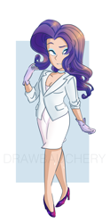 Size: 2518x5083 | Tagged: safe, artist:drawbauchery, part of a set, rarity, human, breasts, choker, cleavage, clothes, eyelashes, eyeshadow, female, gloves, high heels, humanized, makeup, shoes, skirt, solo, suit, watermark