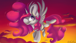 Size: 7016x3955 | Tagged: safe, artist:cutepencilcase, princess celestia, alicorn, pony, absurd resolution, big ears, female, flying, mare, pink-mane celestia, smiling, solo, spread wings, wings