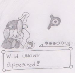 Size: 546x535 | Tagged: safe, artist:threetwotwo32232, princess celestia, alicorn, pony, hat, monochrome, newbie artist training grounds, parody, pencil drawing, pokéball, pokémon, traditional art, unown