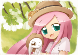 Size: 1407x1000 | Tagged: safe, artist:howxu, angel bunny, fluttershy, human, humanized