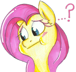 Size: 844x794 | Tagged: safe, artist:strangiemish, fluttershy, pegasus, pony, blushing, bust, cheeks, looking away, looking down, portrait, question mark, simple background, solo, traditional art, transparent background, unsure