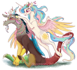 Size: 1280x1168 | Tagged: safe, artist:stepandy, discord, princess celestia, alicorn, draconequus, pony, :p, blushing, cloven hooves, colored wings, colored wingtips, dislestia, female, floral head wreath, flower, flower in hair, male, mare, one eye closed, patreon, patreon logo, shipping, signature, sitting, spread wings, straight, tongue out, unshorn fetlocks, wings, wink