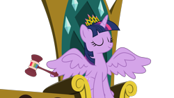 Size: 5989x3369 | Tagged: safe, artist:synch-anon, artist:twiforce, derpibooru import, twilight sparkle, twilight sparkle (alicorn), alicorn, pony, trade ya, absurd resolution, eyes closed, female, gavel, mare, simple background, smiling, solo, spread wings, transparent background, vector