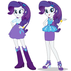 Size: 1475x1475 | Tagged: safe, artist:mewtwo-ex, rarity, equestria girls, equestria girls series, boots, bracelet, clothes, comparison, dress, equestria girls prototype, female, geode of shielding, hand on hip, high heels, jewelry, legs, long hair, shoes, simple background, skirt, transparent background, vector, wristband