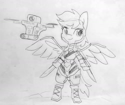 Size: 1679x1412 | Tagged: safe, artist:tjpones, derpibooru import, rainbow dash, pegasus, pony, semi-anthro, armor, black and white, drone, grayscale, gun, knife, monochrome, pencil drawing, solo, spread wings, traditional art, weapon, wings