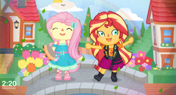 Size: 4630x2500 | Tagged: safe, artist:invisibleink, fluttershy, sunset shimmer, better together, equestria girls, animal crossing, animal crossing: new horizons, bridge, chibi, clothes, duo, flower, house, musical instrument, rainbow, shoes, tambourine, villager