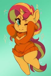 Size: 1244x1878 | Tagged: safe, artist:arnachy, sunset shimmer, anthro, unicorn, chibi, clothes, cute, digital art, female, keyhole turtleneck, mare, shimmerbetes, smiling, solo, sweater, turtleneck