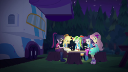 Size: 1920x1080 | Tagged: safe, derpibooru import, screencap, applejack, fluttershy, rainbow dash, rarity, sci-twi, twilight sparkle, better together, equestria girls, sunset's backstage pass!, food, marshmallow, music festival outfit, shoes, sneakers, tree stump