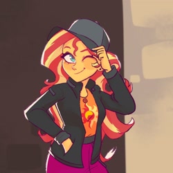 Size: 2048x2048 | Tagged: safe, artist:flamingbiscuit_, sunset shimmer, better together, display of affection, equestria girls, clothes, female, flanksy, hat, jacket, one eye closed, skirt, smiling, solo, wink