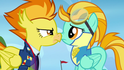 Size: 1280x720 | Tagged: safe, derpibooru import, edit, edited screencap, screencap, lightning dust, spitfire, hippogriff, pegasus, pony, wonderbolts academy, angry, boop, clothes, duo, eye contact, face to face, female, frown, glare, goggles, hippogriffied, lead pony, lead pony badge, looking at each other, mare, nose to nose, nose wrinkle, noseboop, out of context, scrunchy face, species swap, standing, uniform, wonderbolt trainee uniform