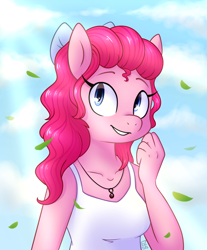 Size: 900x1087 | Tagged: safe, artist:saber-panda, pinkie pie, oc, oc only, oc:co, anthro, alternate hairstyle, beautiful, bust, clothes, cute, diapinkes, hair bow, leaves, necklace, solo, tanktop