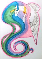 Size: 1024x1421 | Tagged: safe, artist:oneiria-fylakas, princess celestia, alicorn, pony, bust, eyes closed, female, mare, marker drawing, portrait, simple background, solo, traditional art, white background