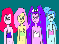 Size: 920x689 | Tagged: safe, artist:mjeddy, aria blaze, fluttershy, pinkie pie, sonata dusk, equestria girls, 1000 hours in ms paint, belly button, bikini, clothes, midriff, ms paint, swimsuit