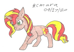 Size: 1146x816 | Tagged: safe, artist:cmara, sunset shimmer, pony, unicorn, female, mare, raised hoof, simple background, solo, traditional art, white background