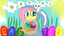 Size: 1280x720 | Tagged: safe, artist:jbond, angel bunny, fluttershy, pegasus, pony, rabbit, clothes, costume, easter, easter basket, easter bunny, easter egg, text