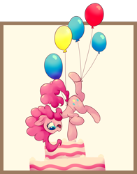 Size: 6600x8400 | Tagged: safe, artist:bloodatius, pinkie pie, earth pony, pony, absurd resolution, balloon, cake, food, solo, then watch her balloons lift her up to the sky