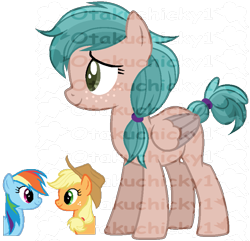 Size: 831x802 | Tagged: safe, artist:otakuchicky1, derpibooru import, applejack, rainbow dash, oc, earth pony, pegasus, pony, appledash, female, lesbian, magical lesbian spawn, mare, obtrusive watermark, offspring, parent:applejack, parent:rainbow dash, parents:appledash, shipping, simple background, transparent background, watermark