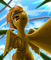 Size: 3250x3810 | Tagged: safe, artist:darksly, derpibooru import, spitfire, pegasus, pony, belly button, cloud, commission, female, fetish, frog (hoof), giant pony, grass, hat, high res, incoming hoof crush, looking down, low angle, macro, macro/micro, mare, marker, micro, mouth hold, one eye closed, pov, reward, sky, solo, top hat, underhoof, wings, wink