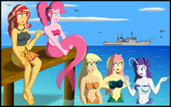 Size: 3202x2000 | Tagged: safe, artist:physicrodrigo, part of a series, part of a set, applejack, fluttershy, pinkie pie, rarity, sunset shimmer, angler fish, bird, mermaid, series:equestria mermaids, equestria girls, applerack, arm behind back, barefoot, battleship, belly button, bikini, bikini top, black eye, boat, breasts, cleavage, clothes, cloud, disappearing clothes, dress, ear fins, feet, fins, gasp, gills, helicopter, high res, hootershy, hug, mermaid tail, mermaidized, mexico, midriff, military, navy, ocean, open mouth, pier, pinkie pies, pointing, ponytail, raised hand, raritits, sarong, seashell bra, ship, sitting, species swap, story included, sunset jiggler, surprised, swimsuit, tail hug, worried