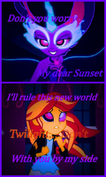 Size: 518x866 | Tagged: safe, artist:hypnovorelover, midnight sparkle, sci-twi, sunset shimmer, twilight sparkle, equestria girls, friendship games, comic, evil grin, grin, hypnosis, hypnotized, kaa eyes, manip, resistance is futile, smiling, smirk, text