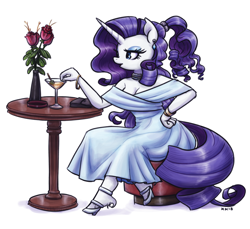 Size: 1280x1174 | Tagged: safe, artist:king-kakapo, rarity, anthro, unguligrade anthro, unicorn, alcohol, alternate hairstyle, beautiful, breasts, cleavage, clothes, dress, ear piercing, earring, female, flower, glass, high heels, jewelry, mare, piercing, rose, shoes, simple background, sitting, solo, table, unshorn fetlocks, vase, white background, wine, wine glass