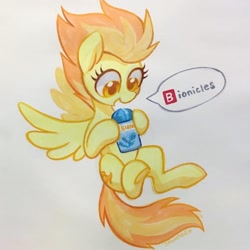 Size: 1440x1440 | Tagged: safe, artist:dawnfire, derpibooru import, spitfire, pegasus, pony, bionicle, cute, cutefire, female, flying, lego, mare, simple background, smiling, solo, spitfire's bionicles, traditional art, white background, 🅱