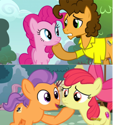 Size: 650x718 | Tagged: safe, screencap, apple bloom, cheese sandwich, pinkie pie, tender taps, earth pony, pony, on your marks, pinkie pride, colt, discovery family logo, male