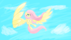 Size: 1920x1080 | Tagged: safe, artist:kalleflaxx, fluttershy, pegasus, pony, flying, large wings, sky, solo