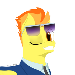 Size: 1500x1500 | Tagged: safe, artist:shoophoerse, derpibooru import, spitfire, pegasus, pony, clothes, grin, looking at you, one eye closed, signature, simple background, smiling, smiling at you, solo, sunglasses, uniform, white background, wink, winking at you, wonderbolts dress uniform