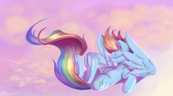 Size: 1800x1000 | Tagged: safe, artist:sketchiix3, derpibooru import, rainbow dash, pegasus, pony, backwards cutie mark, eyes closed, female, flying, frog (hoof), mare, solo, underhoof