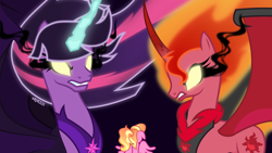 Size: 4000x2250 | Tagged: safe, artist:orin331, luster dawn, midnight sparkle, sunset satan, sunset shimmer, twilight sparkle, twilight sparkle (alicorn), alicorn, demon, demon pony, original species, pony, unicorn, equestria girls, alicornified, corrupted, dark magic, digital art, female, high res, lustercorn, magic, mare, midnightsatan, ponified, princess midnight