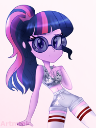 Size: 1800x2400 | Tagged: safe, artist:artmlpk, sci-twi, twilight sparkle, equestria girls, adorasexy, adorkable, adorkasexy, clothes, cute, denim, denim shorts, digital art, dork, female, glasses, hand on chest, high socks, high waisted shorts, hips, looking at you, midriff, outfit, ponytail, sexy, shorts, socks, solo, sports bra, thigh highs, thighs, tomboy, twiabetes