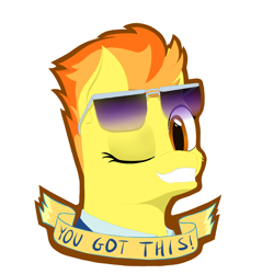 Size: 1500x1500 | Tagged: safe, artist:shoophoerse, derpibooru import, spitfire, pegasus, pony, banner, clothes, grin, looking at you, motivational, one eye closed, outline, simple background, smiling, smiling at you, solo, sunglasses, text, uniform, white background, wink, winking at you, wonderbolts dress uniform, you got this