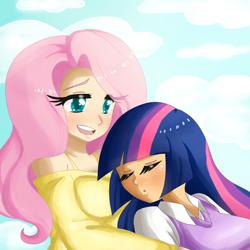 Size: 600x600 | Tagged: safe, artist:inuki-s, derpibooru import, fluttershy, twilight sparkle, human, female, humanized, lesbian, shipping, sleeping, twishy