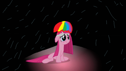 Size: 1280x720 | Tagged: safe, pinkie pie, earth pony, pony, party of one, hat, nature cat, pinkamena diane pie, rain, sad, tally ho! a rainbow!, umbrella hat