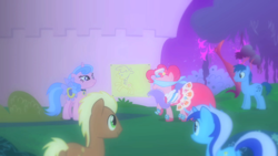 Size: 1280x720 | Tagged: safe, screencap, blues, meadow song, minuette, noteworthy, pinkie pie, royal ribbon, earth pony, pony, the best night ever, blindfold, clothes, dress, gala dress, pin the tail on the pony