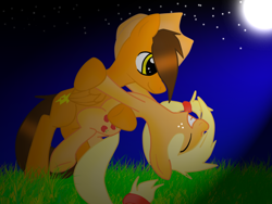 Size: 800x600 | Tagged: safe, artist:mattmiles, applejack, oc, oc:thundertail, earth pony, pegasus, pony, accessory swap, base used, canon x oc, hat, moon, night, shipping, stars