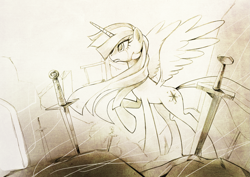 Size: 3035x2149 | Tagged: safe, artist:gashiboka, derpibooru import, twilight sparkle, twilight sparkle (alicorn), alicorn, pony, crying, female, mare, monochrome, sketch, solo, sword, weapon