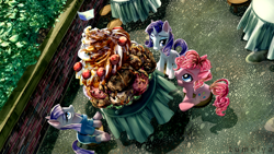 Size: 1500x844 | Tagged: safe, artist:lumelya, maud pie, pinkie pie, rarity, earth pony, pony, unicorn, the gift of the maud pie, female, food, ice cream, scene interpretation, siblings, sisters, sundae, trio