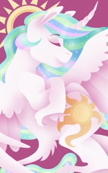 Size: 2051x3264 | Tagged: safe, artist:rachboo100, princess celestia, alicorn, pony, cloven hooves, curved horn, eyes closed, smiling, solo, unshorn fetlocks