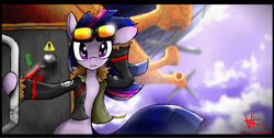 Size: 3200x1608 | Tagged: safe, artist:unitoone, derpibooru import, twilight sparkle, pony, airship, bipedal, bomber jacket, goggles, looking at you, solo