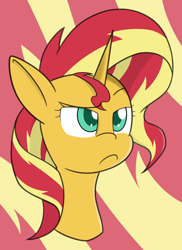 Size: 2138x2933 | Tagged: safe, artist:kaukanghong, sunset shimmer, unicorn, abstract background, bust, digital art, female, mare, portrait, raised eyebrow, sunset shimmer is not amused, unamused