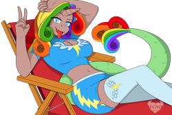 Size: 3600x2400 | Tagged: safe, artist:ponyecho, oc, oc:eris rainbowstar, anthro, hybrid, breasts, chair, cleavage, clothes, commission, fangs, looking at you, peace sign, shorts, simple background, socks, solo, thigh highs, tongue out, transparent background, wonderbolts